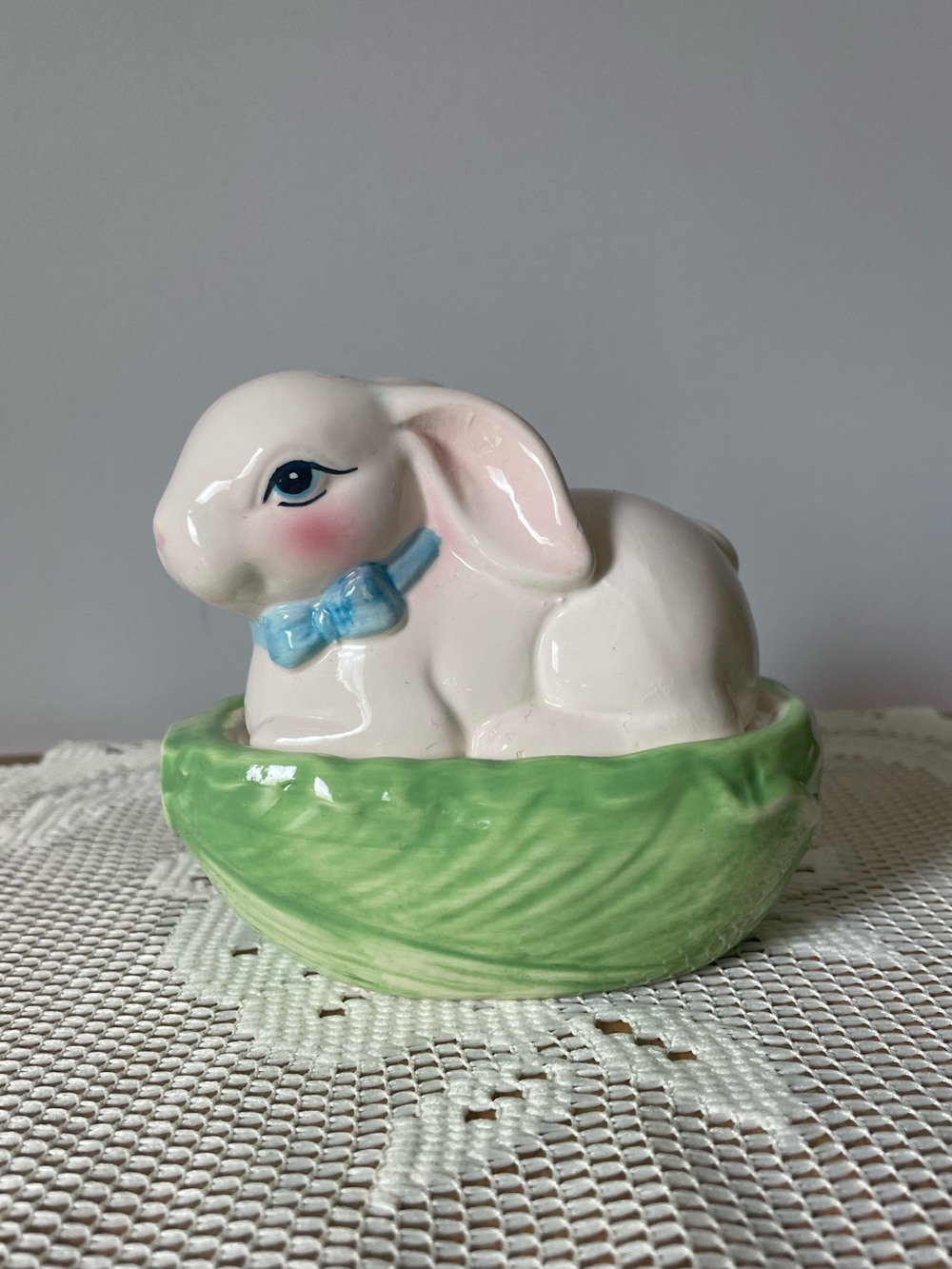 Vintage 70s White Ceramic Bunny Rabbit with Blue Bow on Cabbage Trinket Dish